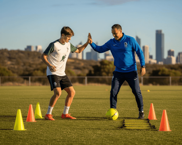 Private soccer coaching session giving a young player individual feedback